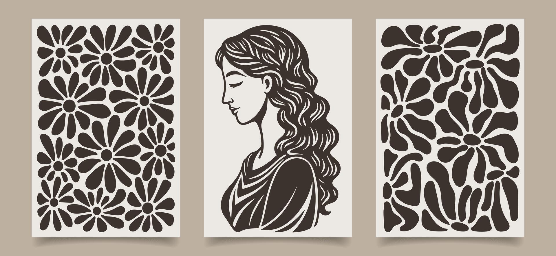 A set of posters with a silhouette of a woman, flowers and plants. Modern tapestries in boho style. Retro botanical print. Vector