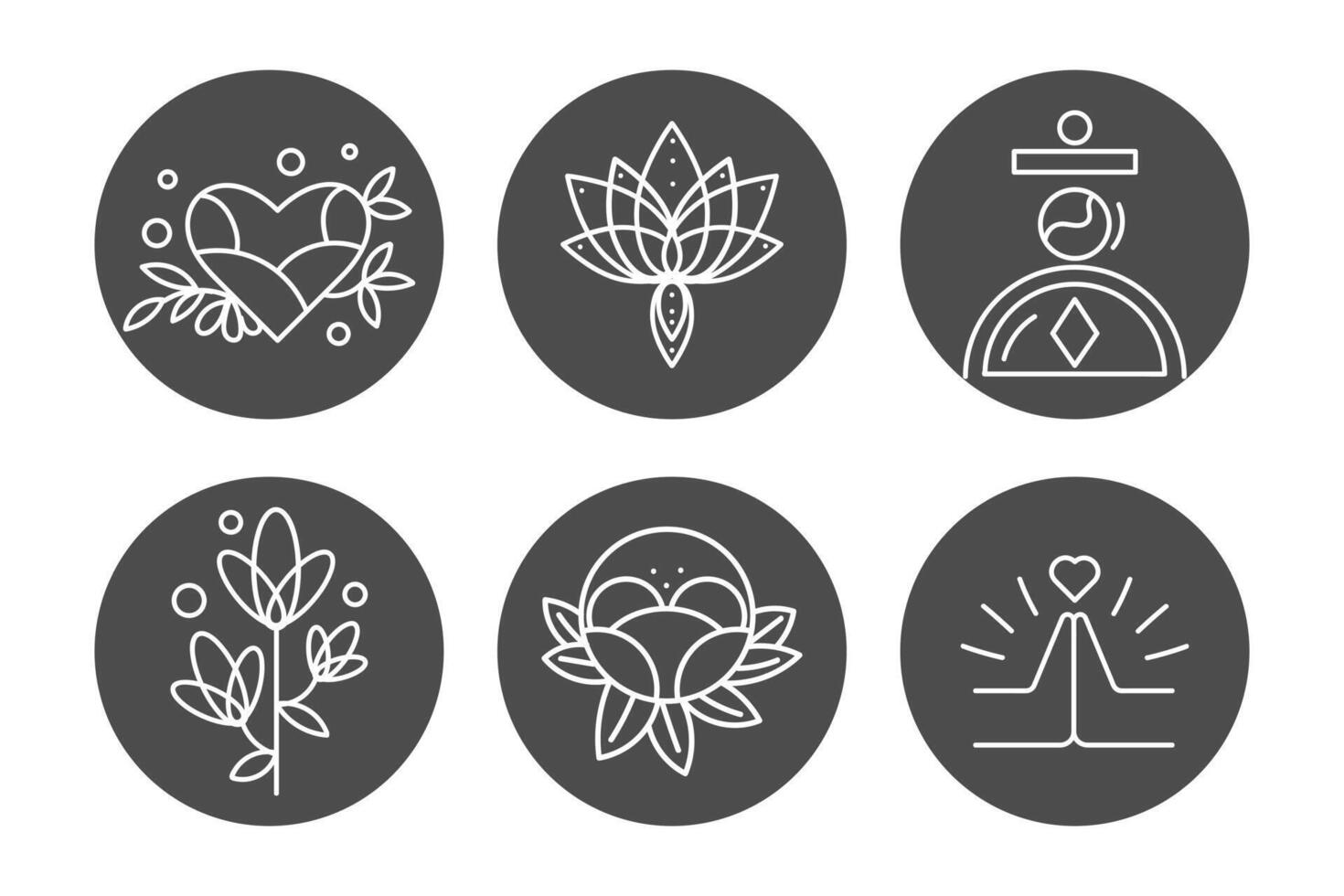 Set of mystical icons, moon, sun, stars, flowers, hands. Line art. Vector