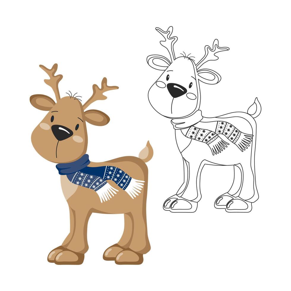 Coloring book for children, cute polar reindeer. Illustration and sketch, vector
