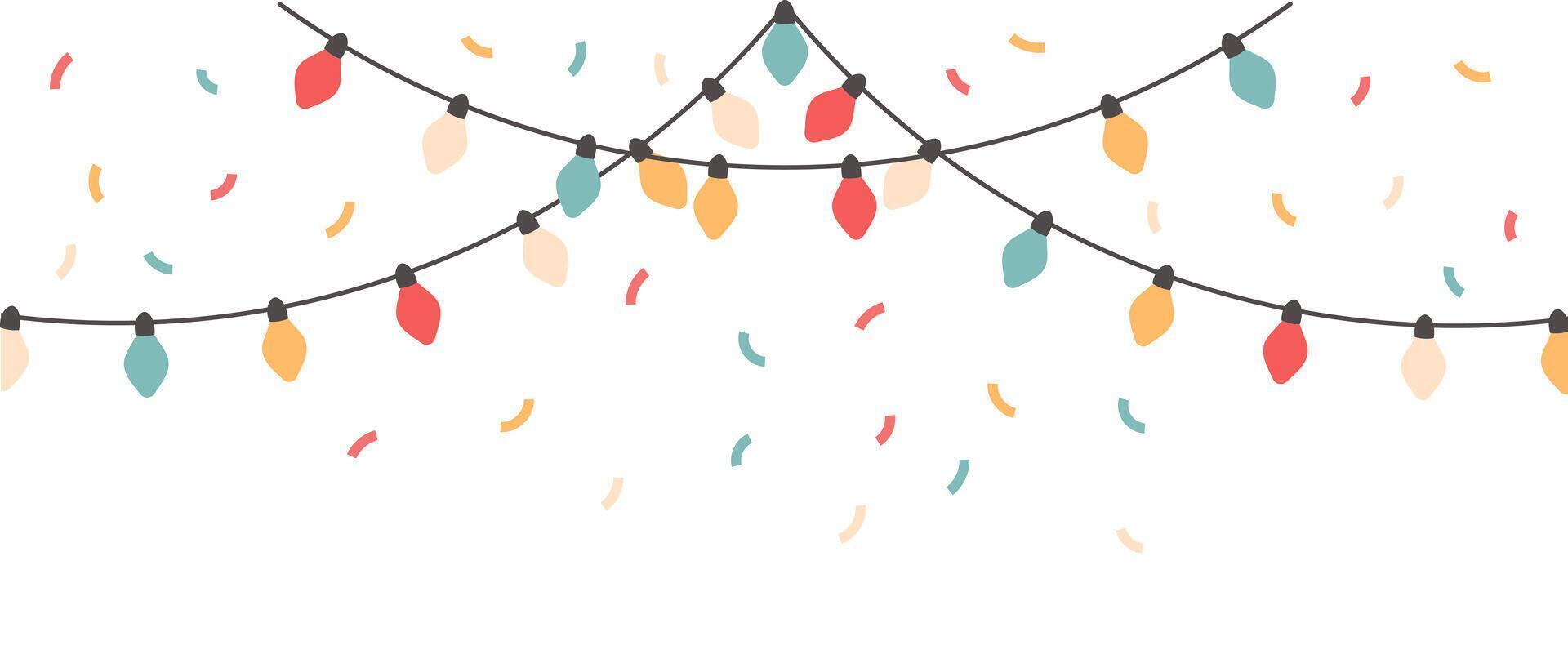 Festive garlands with colorful lights, lamps and confetti. Festive background for any holiday. Vector