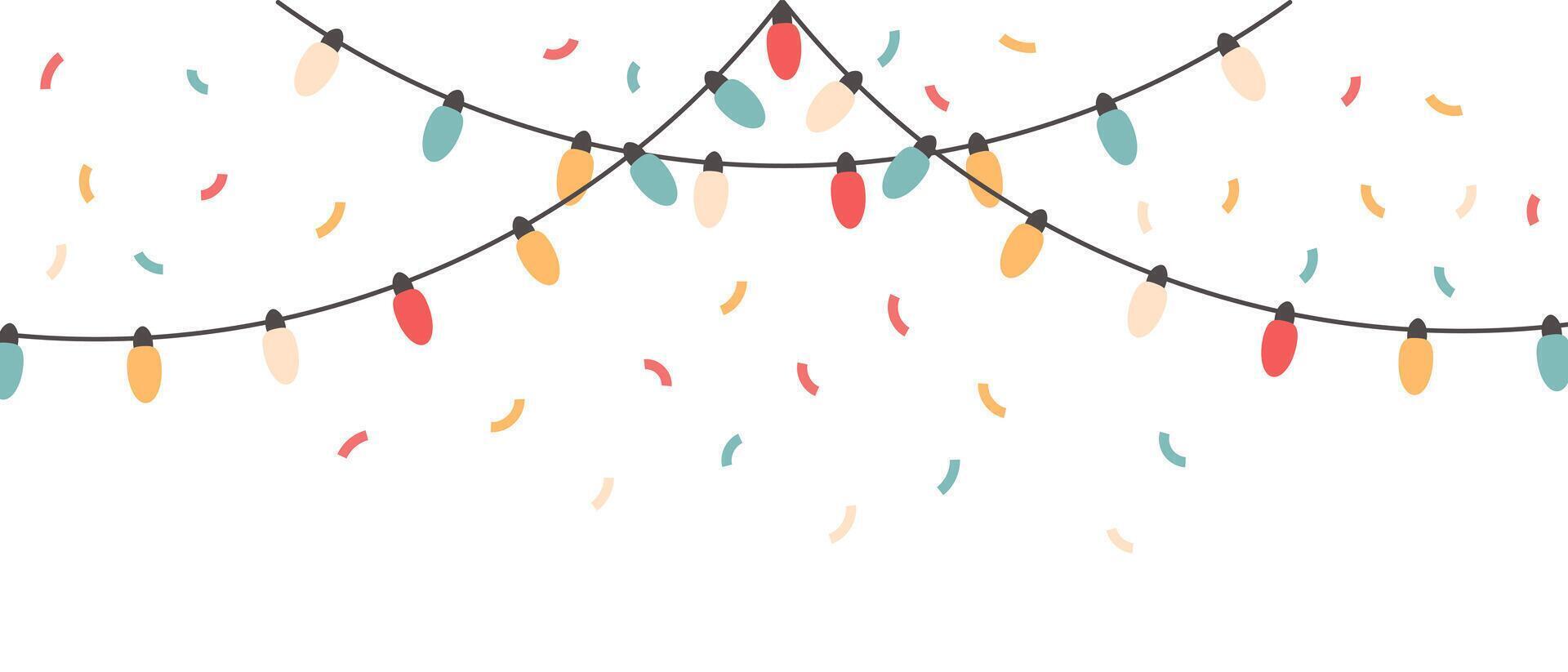 Festive garlands with colorful lights, lamps and confetti. Festive background for any holiday. Vector