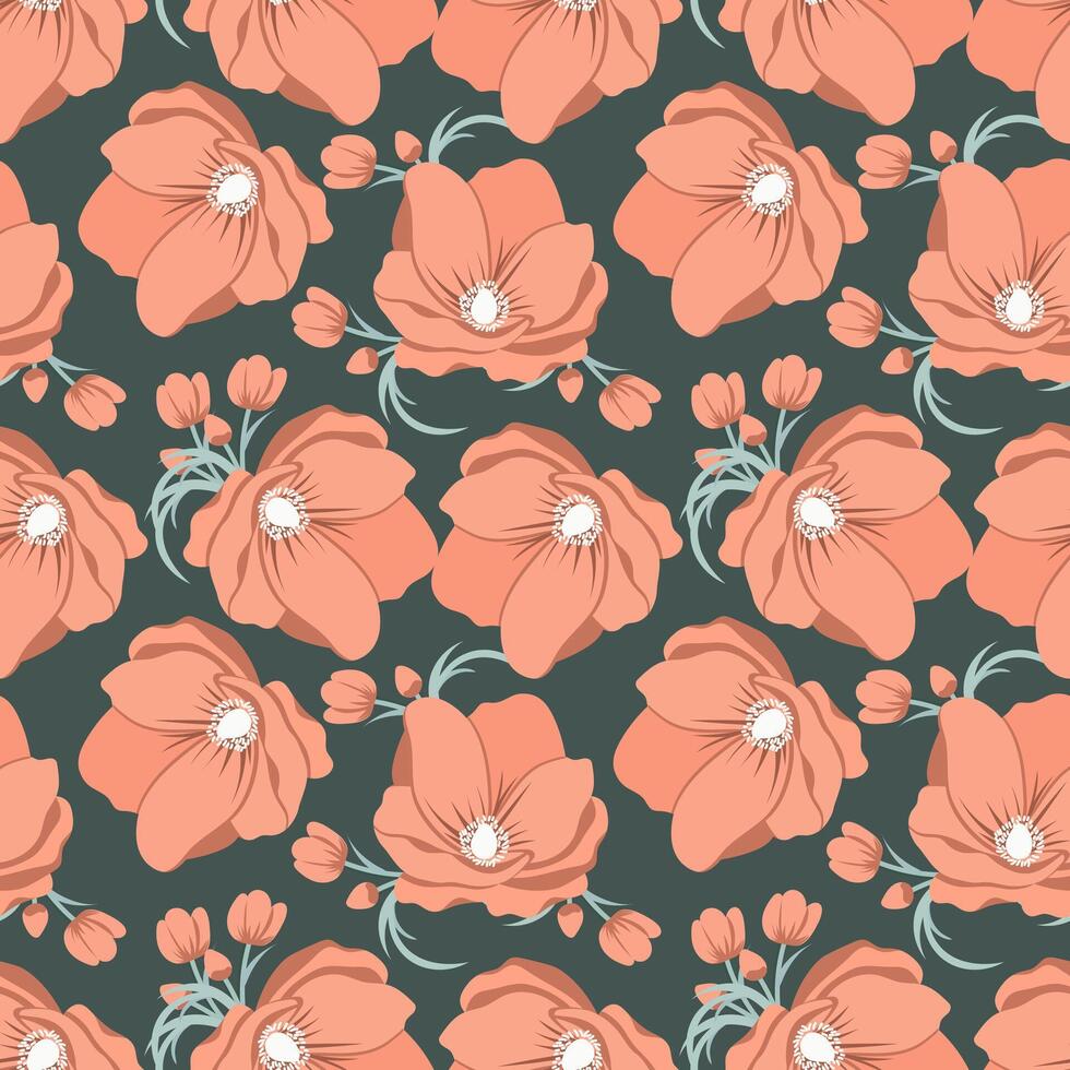 Seamless pattern, poppy flowers and buds on a green background. Textile, wallpaper, vector