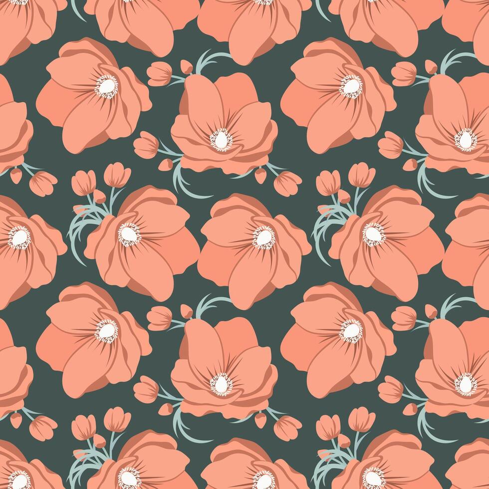 Seamless pattern, poppy flowers and buds on a green background. Textile, wallpaper, vector