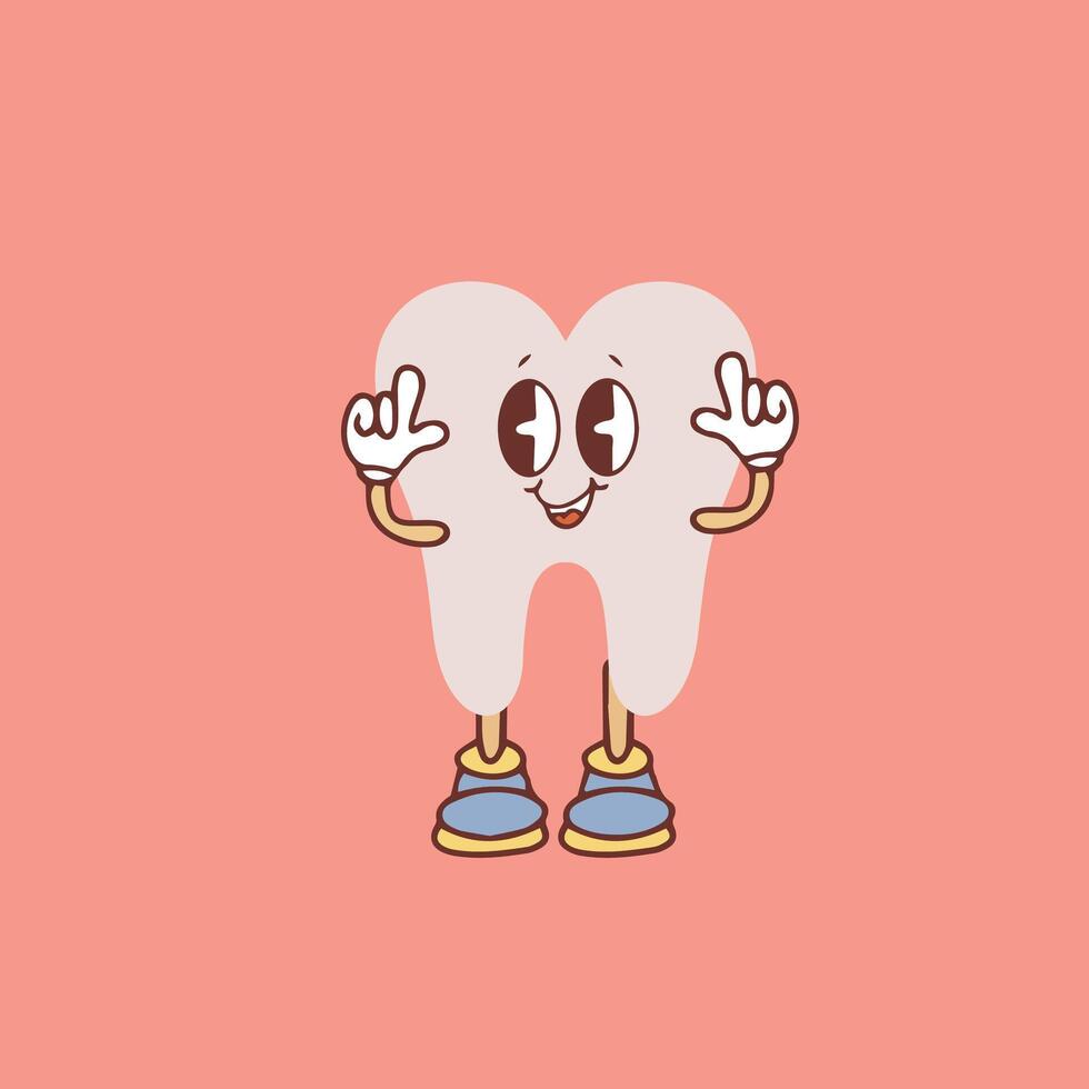 Groovy tooth cartoon character waving his hand. Funny healthy white molar with happy face, retro cartoon teeth mascot, dentistry and dental care sticker of 70s 80s vector illustration.