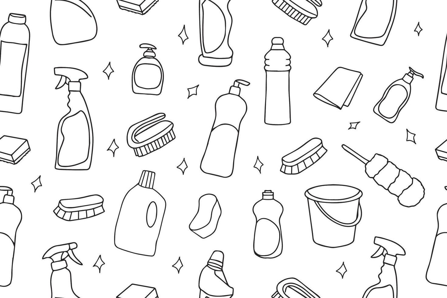 Seamless pattern of cleaning equipment. Cleaning line icons. Line of hand-drawn equipment, cleaning products and tools for washing and disinfecting the house, bucket and mop, detergent sprayer. vector