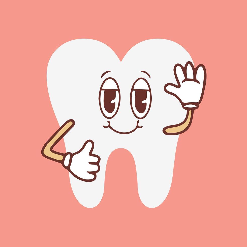 Groovy tooth cartoon character waving his hand. Funny healthy white molar with happy face, retro cartoon teeth mascot, dentistry and dental care sticker of 70s 80s vector illustration. Vector