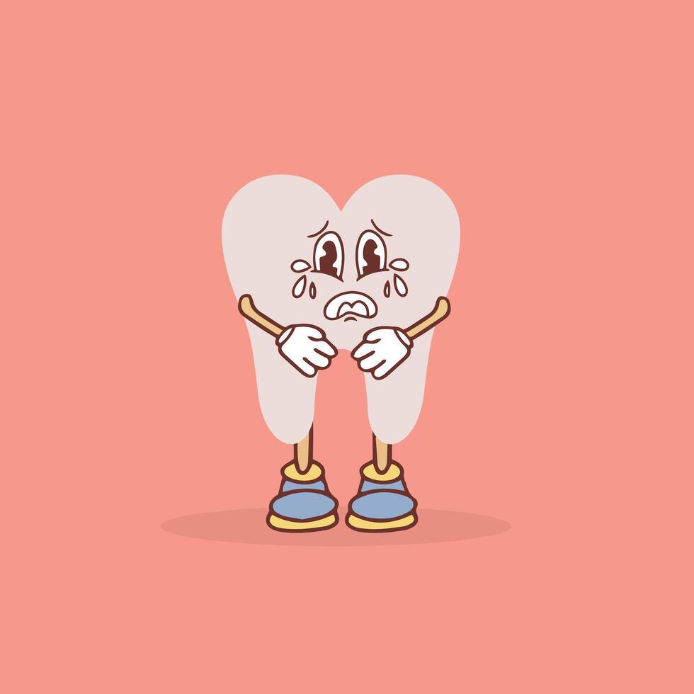 Funny healthy white molar with sad crying face, retro cartoon teeth mascot, dentistry and dental care sticker of 70s 80s vector illustration. Vector