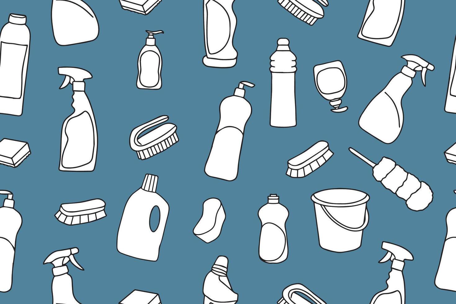 Seamless pattern of cleaning equipment. Cleaning line icons. Line of hand-drawn equipment, cleaning products and tools for washing and disinfecting the house, bucket and mop, detergent sprayer. vector