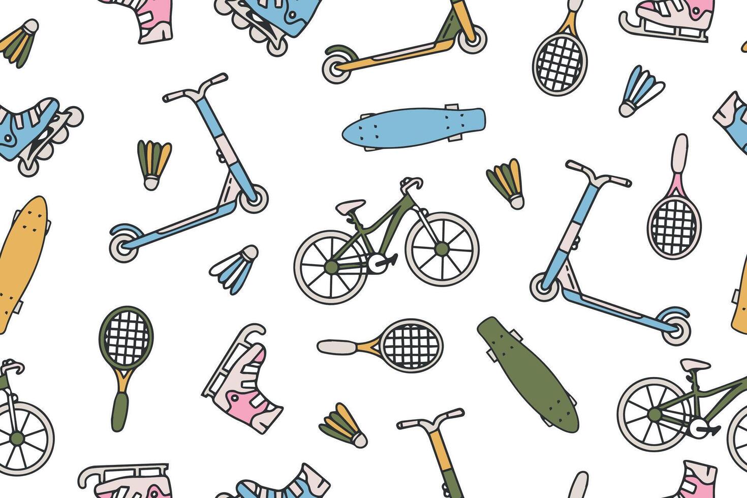 Seamless pattern with sports equipment. Colorful handmade sports equipment. Pattern on the theme of sports, healthy lifestyle. Background for use in design, packaging, website, fabric. Vector. vector