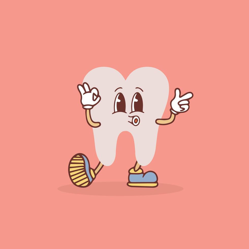 Groovy tooth cartoon character waving his hand. Funny healthy white molar with happy face, retro cartoon teeth mascot, dentistry and dental care sticker of 70s 80s vector illustration.