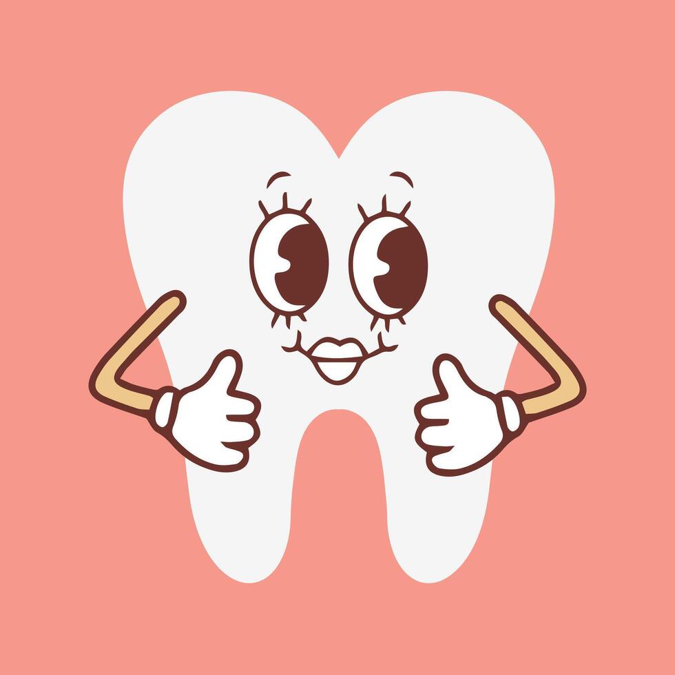 Groovy tooth cartoon character waving his hand. Funny healthy white molar with happy face, retro cartoon teeth mascot, dentistry and dental care sticker of 70s 80s vector illustration. Vector