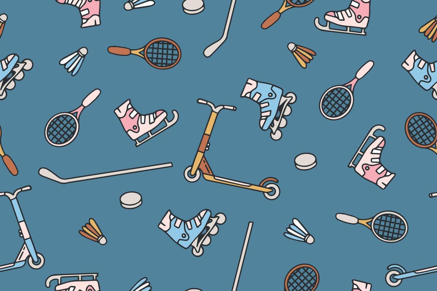 Seamless pattern with sports equipment. Colorful handmade sports equipment. Pattern on the theme of sports, healthy lifestyle. Background for use in design, packaging, website, fabric. Vector. vector