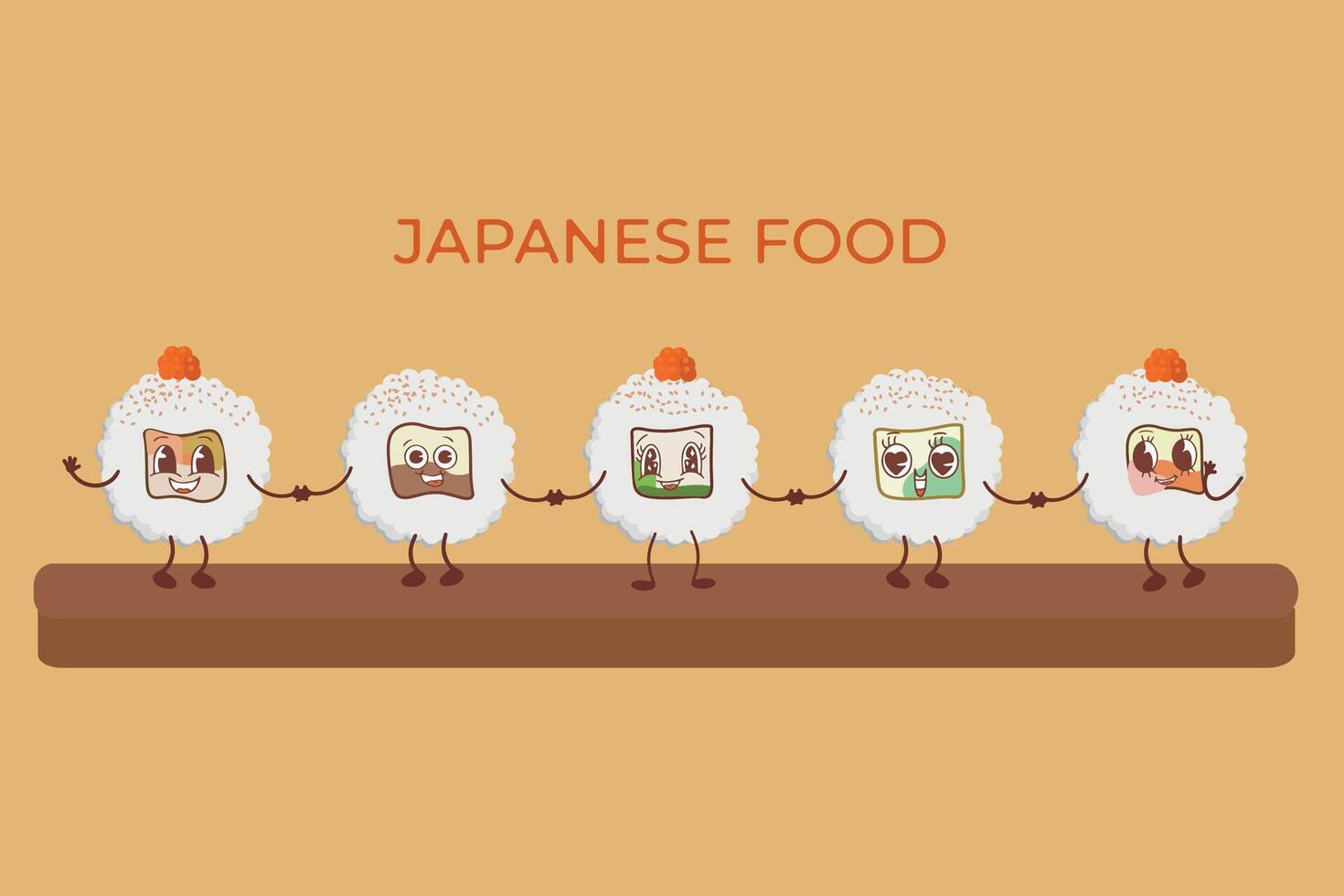 A set of vector icons of delicious colored sushi rolls in the style of kawaii. A collection of different flavors and varieties