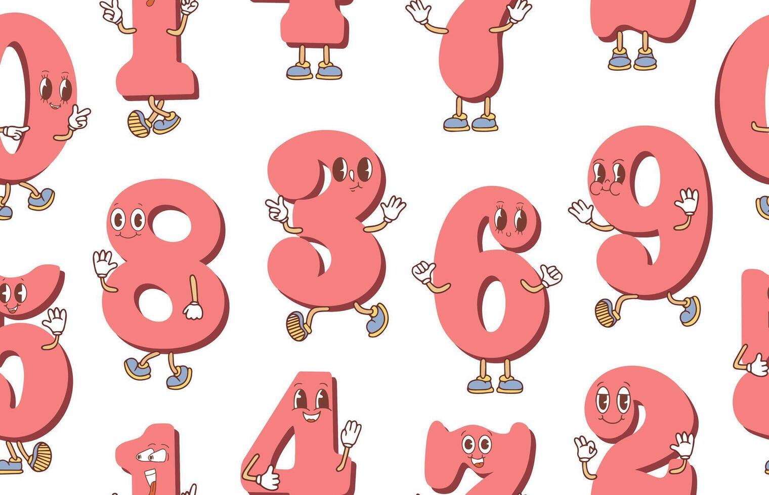 Seamless pattern of cute numbers with eyes, hands, feet. vector