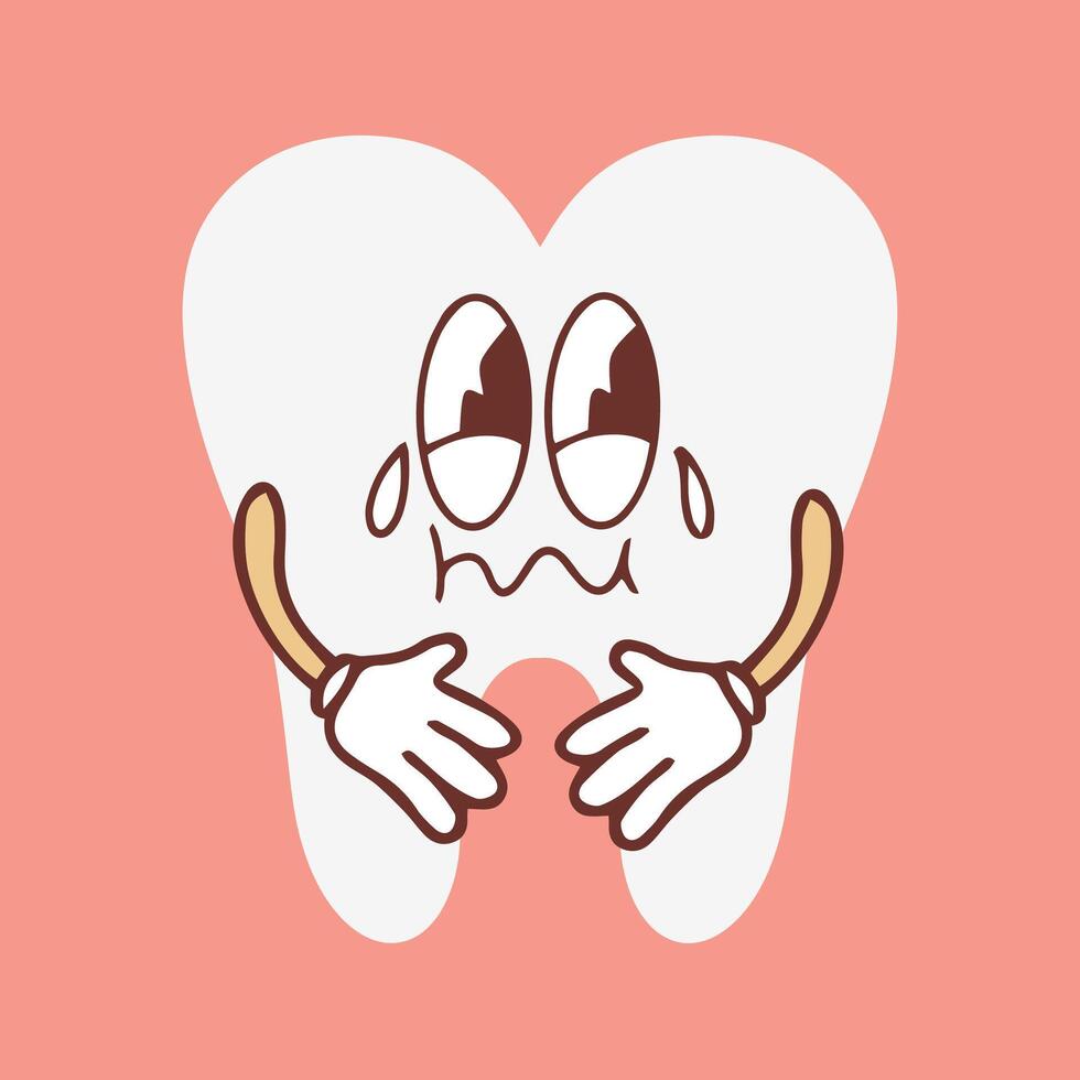 Funny healthy white molar with sad crying face, retro cartoon teeth mascot, dentistry and dental care sticker of 70s 80s vector illustration. Vector illustration