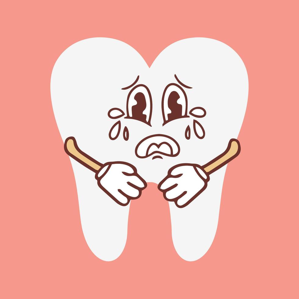 gracioso sano blanco molar con triste llorando rostro, retro dibujos animados dientes mascota, odontología y dental cuidado pegatina de 70s Años 80 vector ilustración. vector ilustración