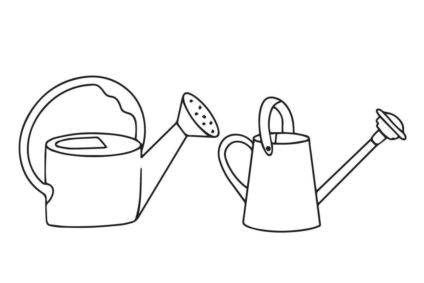Garden watering cans in doodle style. Simple icons of watering cans. Hand-drawn outline of a watering can for the garden. Vector