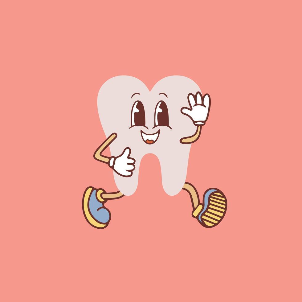 Groovy tooth cartoon character waving his hand. Funny healthy white molar with happy face, retro cartoon teeth mascot, dentistry and dental care sticker of 70s 80s vector illustration.