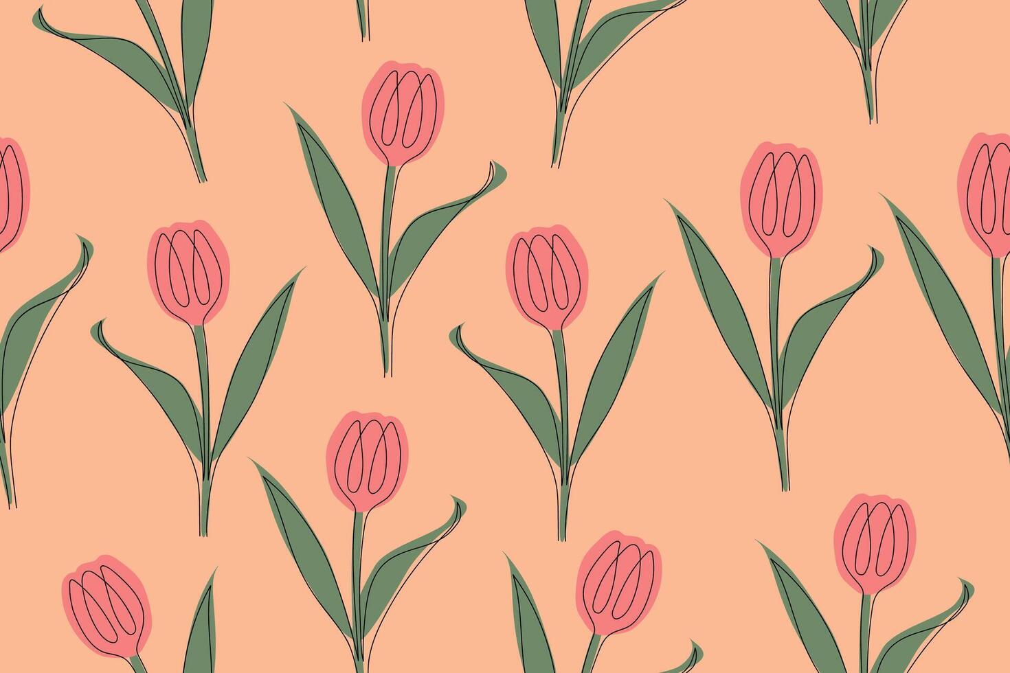 Seamless pattern of tulips on a pink background. Hand drawn, spring flowers for fabric, prints, decorations, invitation cards. Vector