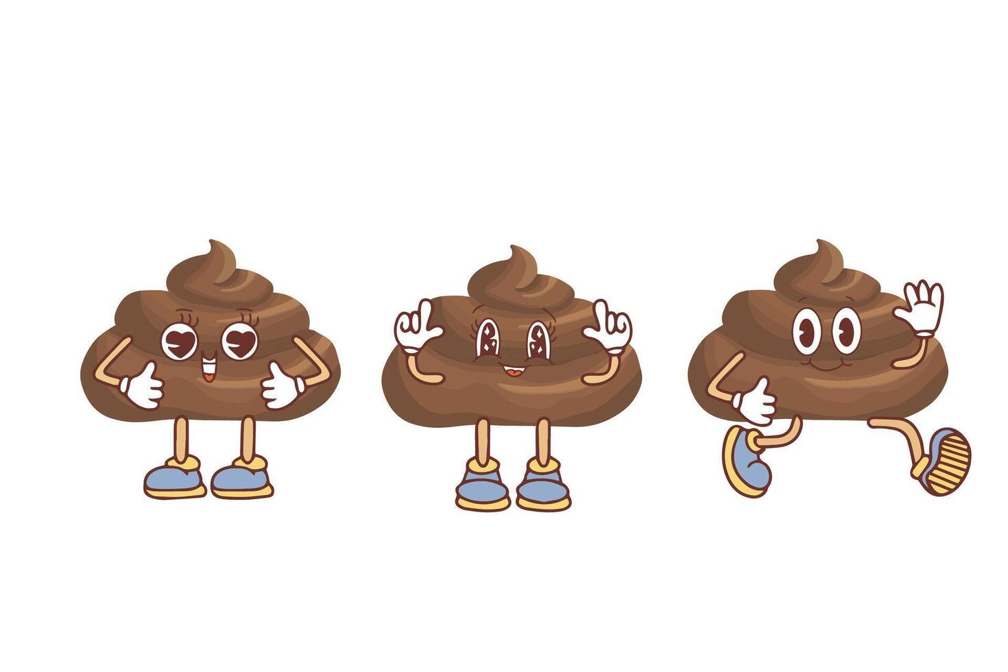 Poop cute funny excrement character cartoon emoticon set isolated on white background. Kawaii brown heap of shit emoji collection. Flat design vector clip art baby poo with faces illustration.