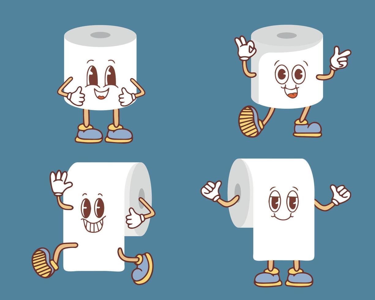 A set of toilet paper rolls in different positions. Illustration of a brown turd. Toilet and bathroom element. Hygiene and sanitation. Cartoon flat illustration vector