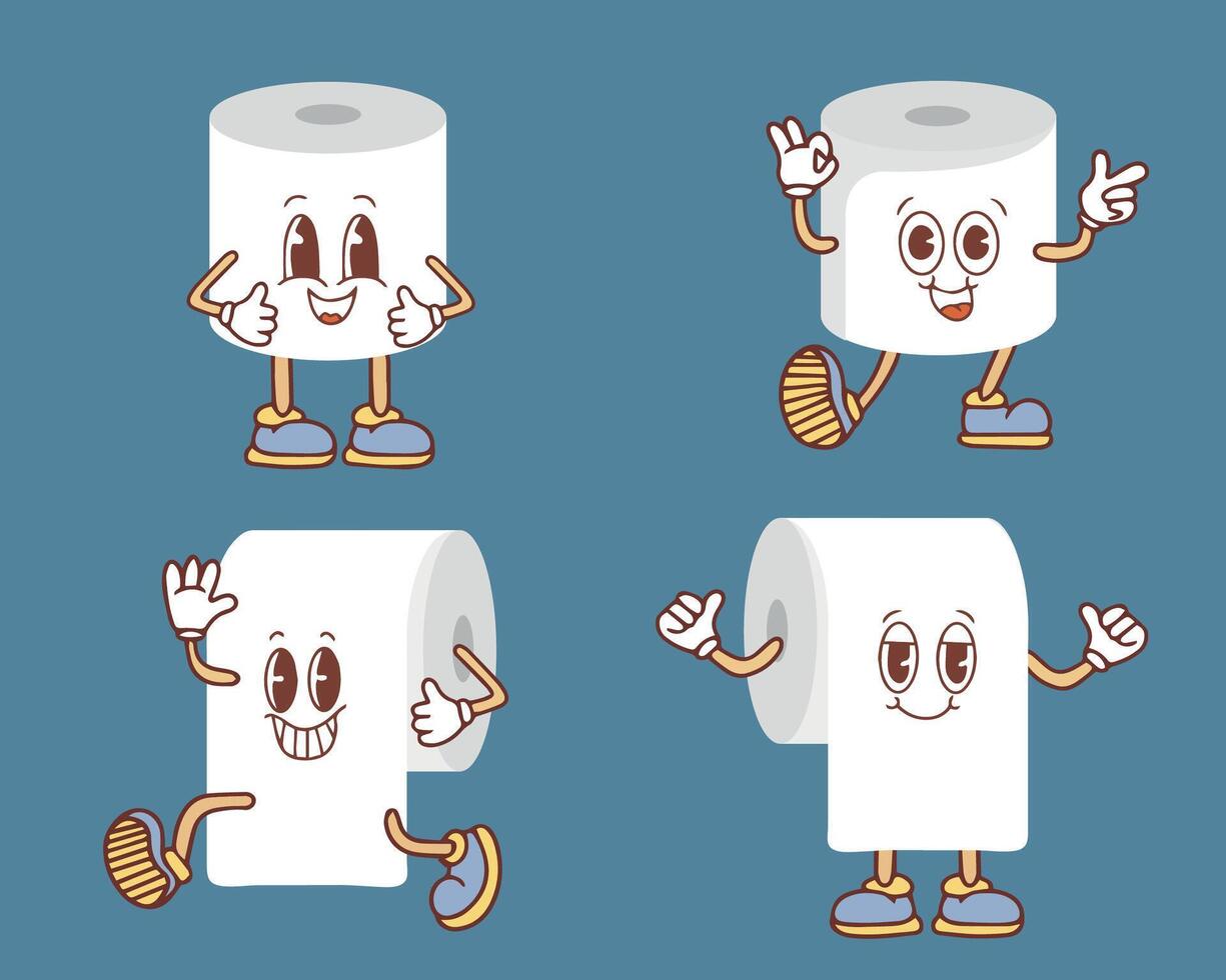 un juego de rollos de papel higiénico en diferentes posiciones. ilustración de un turd marrón. inodoro y elemento de baño. Higiene y sanidad. ilustración plana de dibujos animados vector