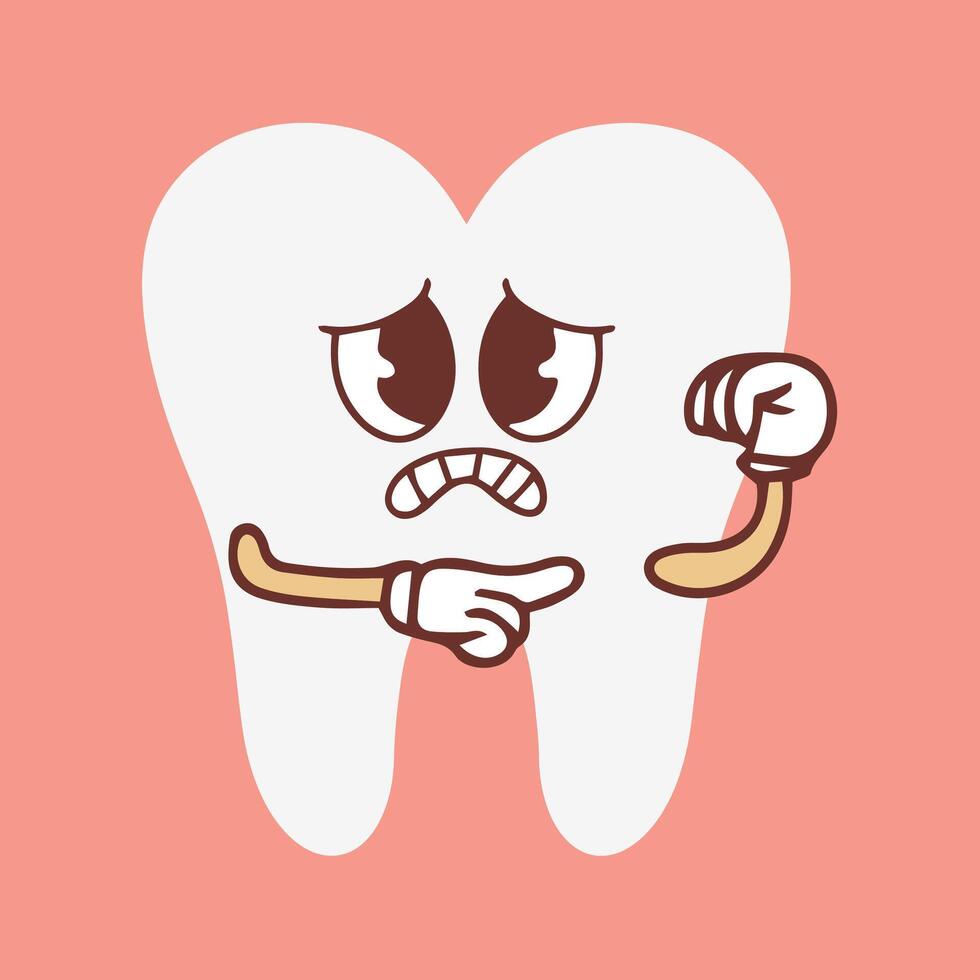 gracioso sano blanco molar con triste llorando rostro, retro dibujos animados dientes mascota, odontología y dental cuidado pegatina de 70s Años 80 vector ilustración. vector ilustración