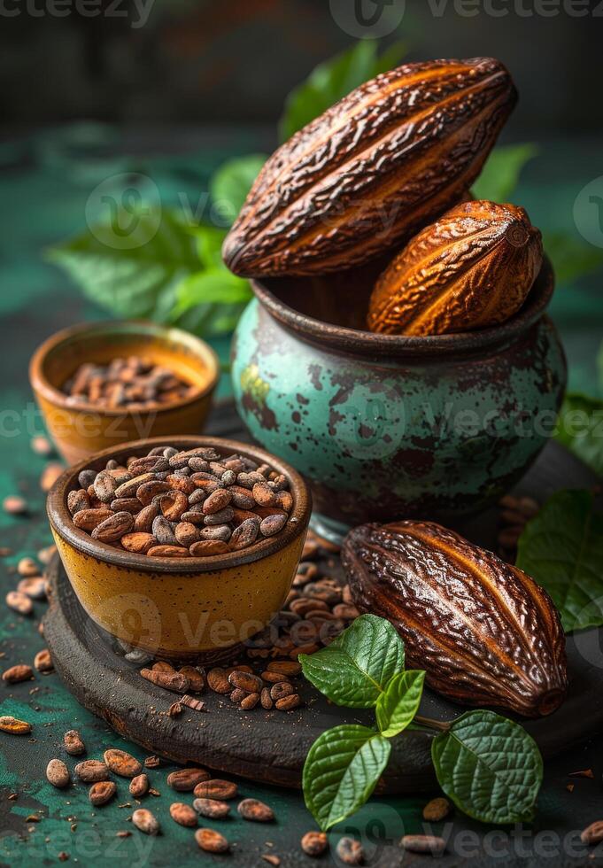 AI generated Cocoa beans and cocoa pod in bowl on green background photo