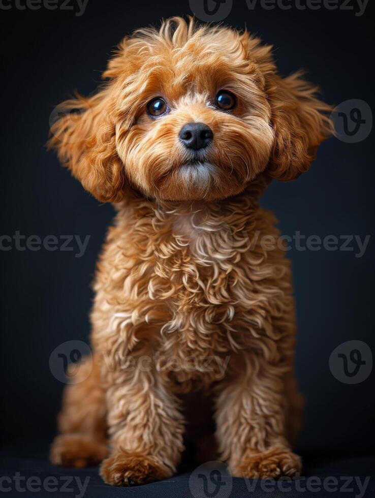 AI generated Cute toy poodle puppy is sitting on black background and looking at the camera photo