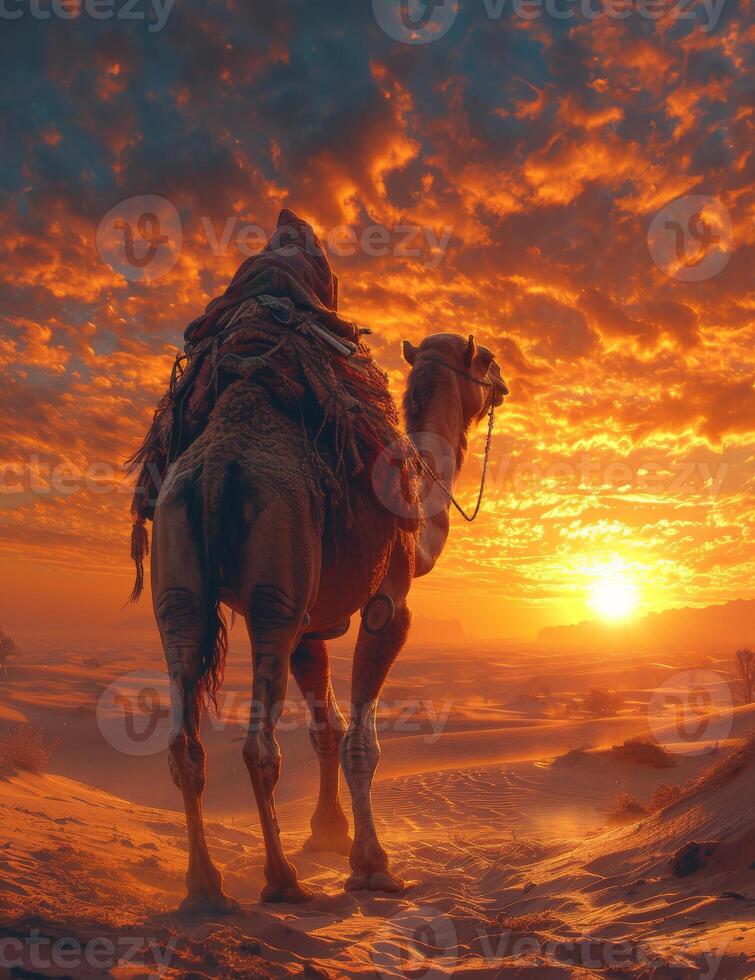 ai generado camello caminando en el arena a puesta de sol foto