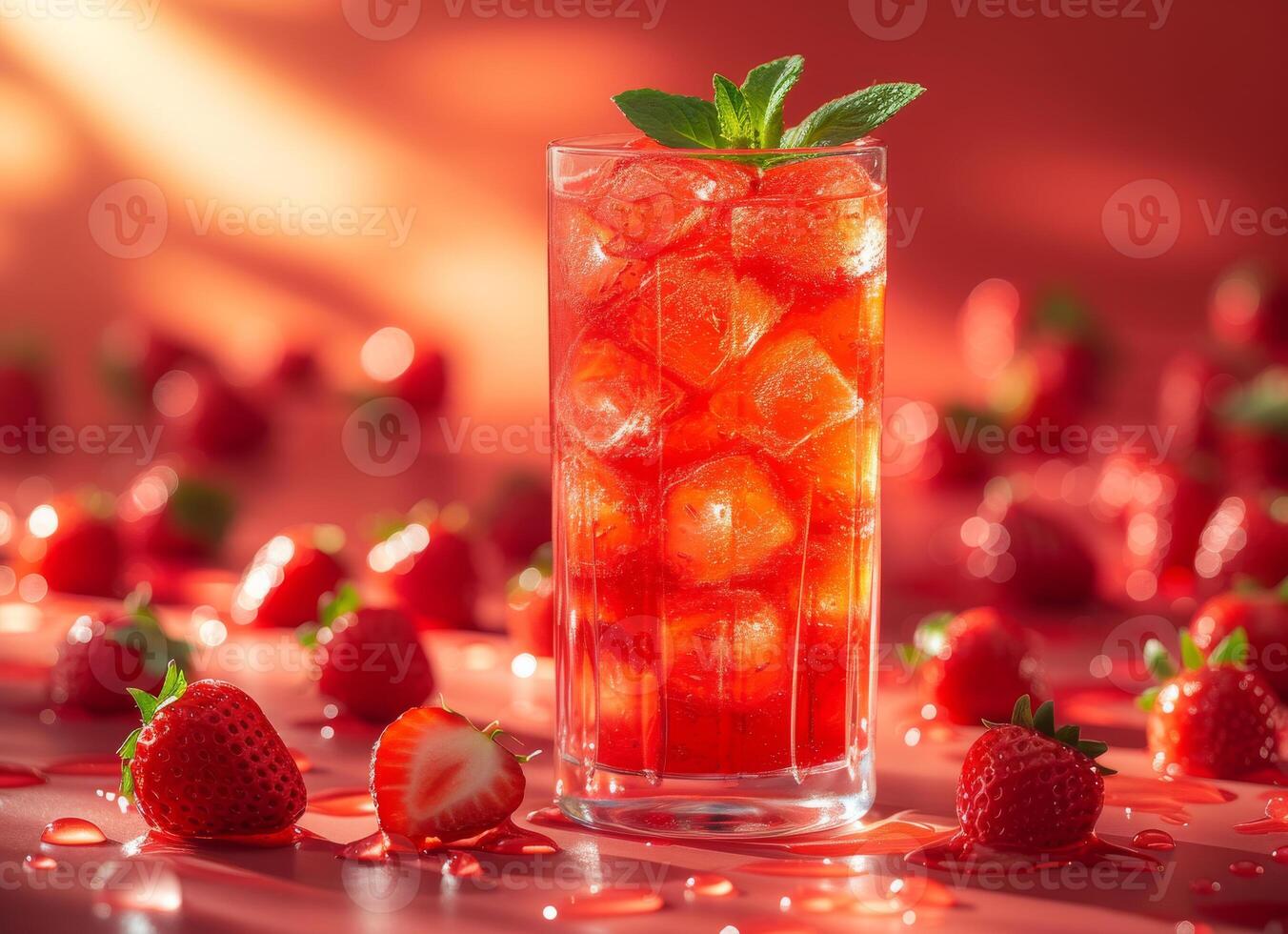 AI generated Strawberry cocktail with ice cubes and mint on red background photo