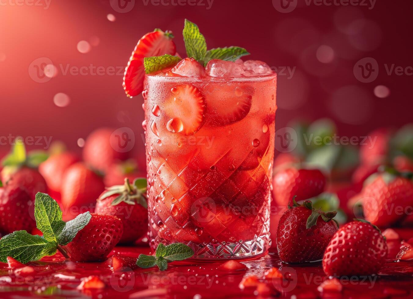 AI generated Strawberry drink with fresh strawberries and mint on red background photo