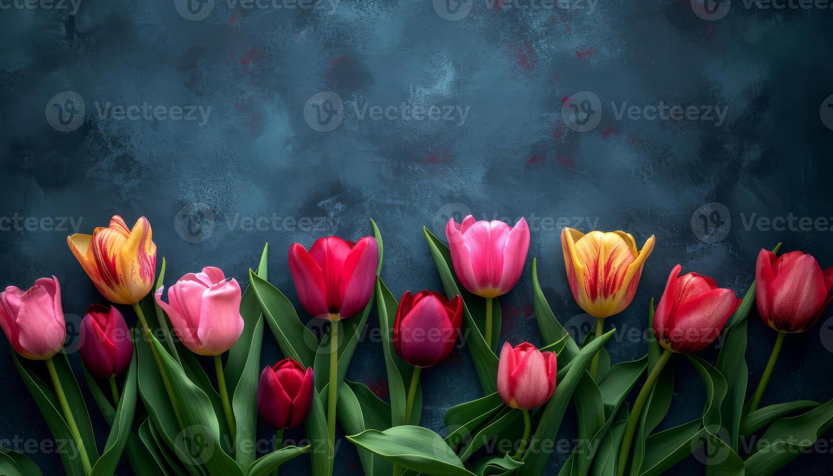 AI generated Red and yellow tulips on dark blue background photo