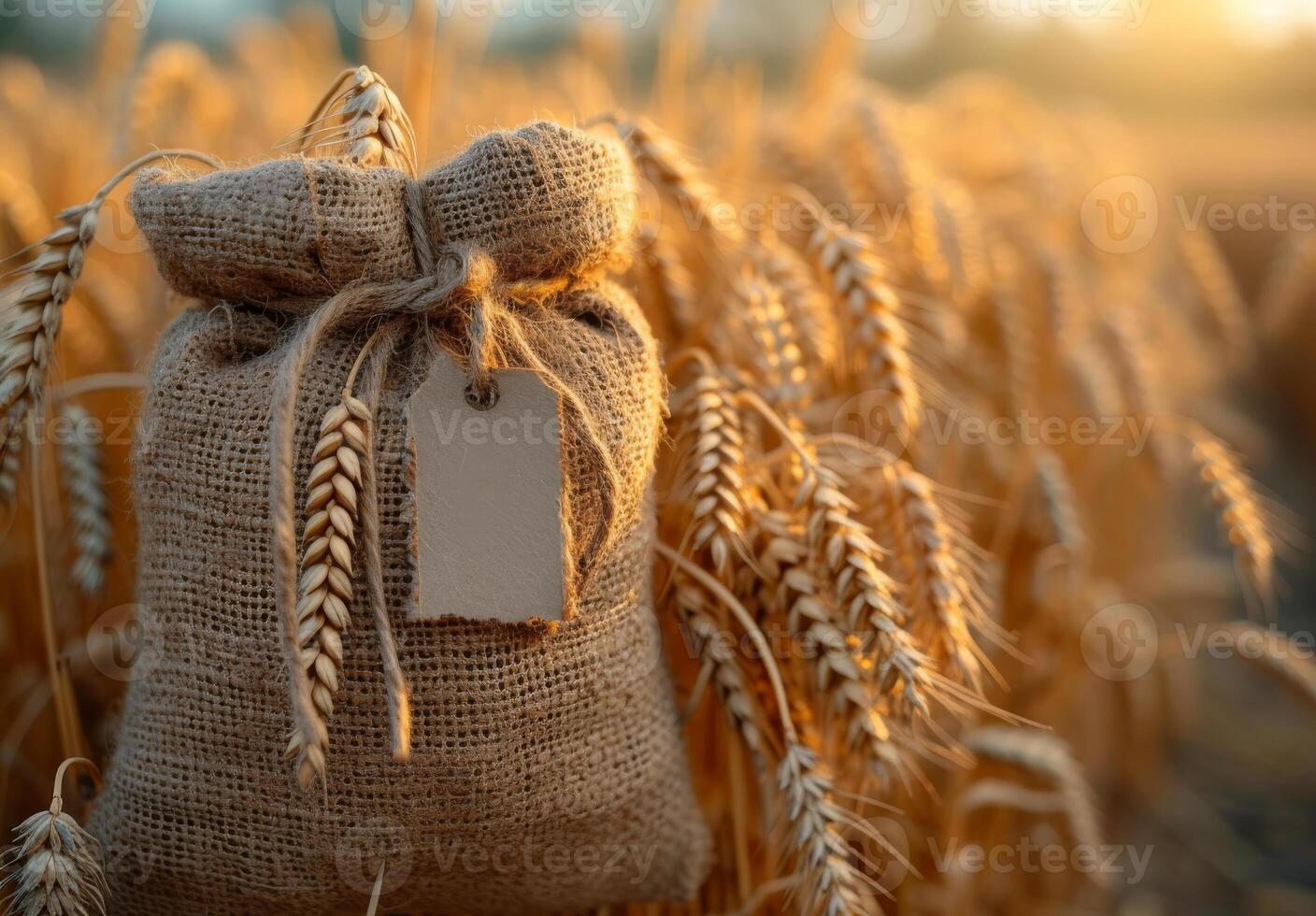 AI generated Sack with ear of wheat and tag on the background of wheat field photo
