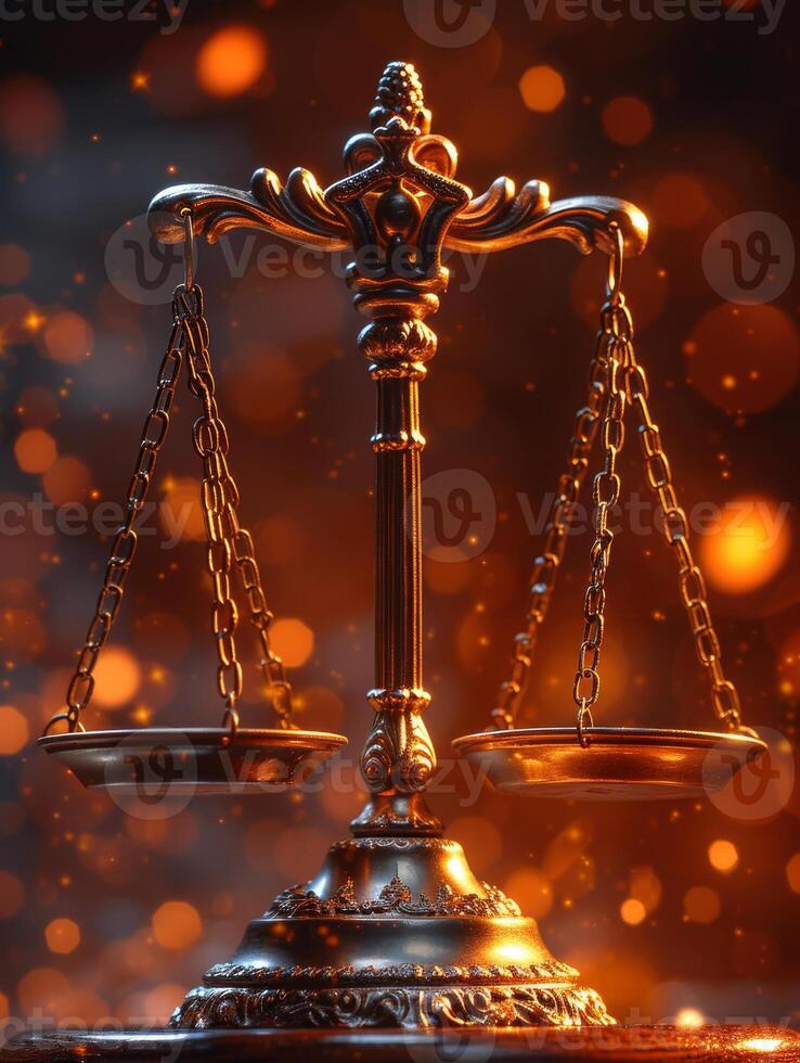 AI generated Law theme. Mallet of the judge scales of justice on dark background. photo