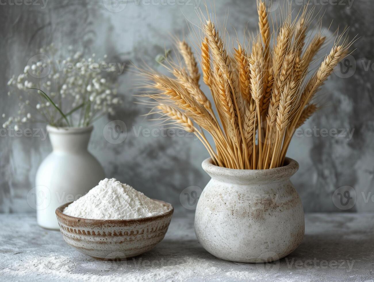 AI generated Wheat flour in bowl with spikelets on gray background photo