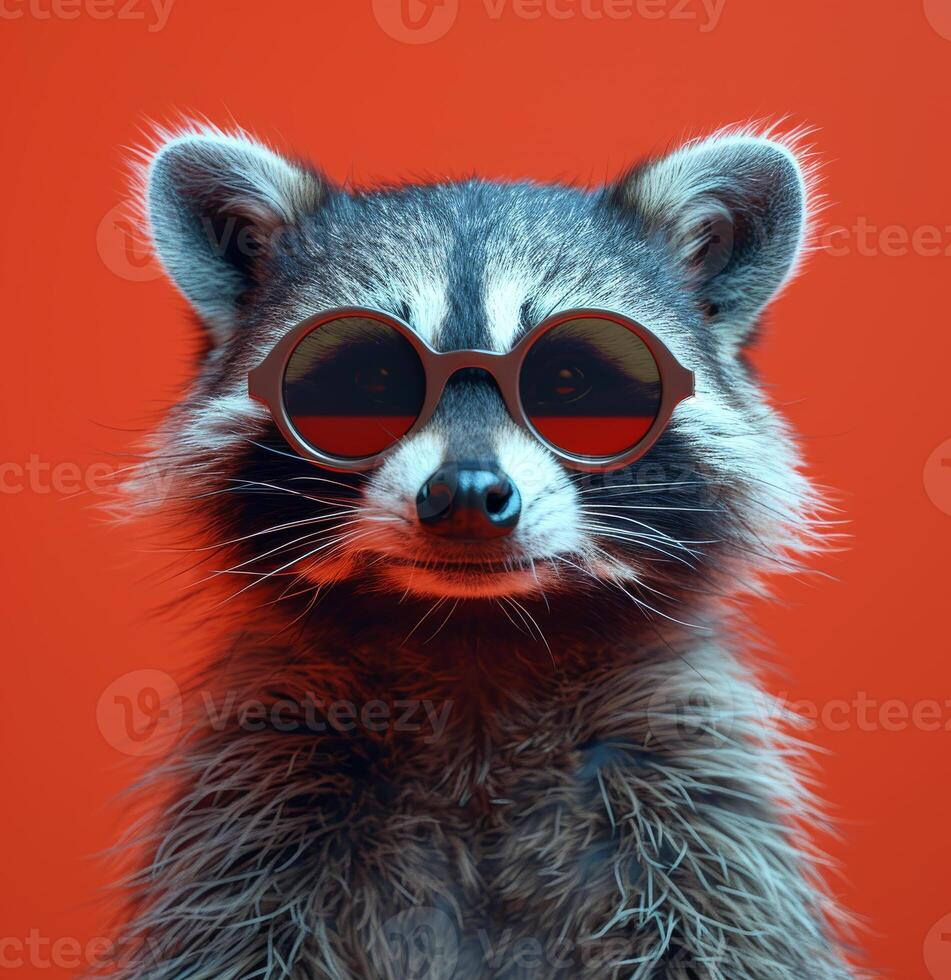 ai generado gracioso mapache en Gafas de sol en de colores antecedentes foto