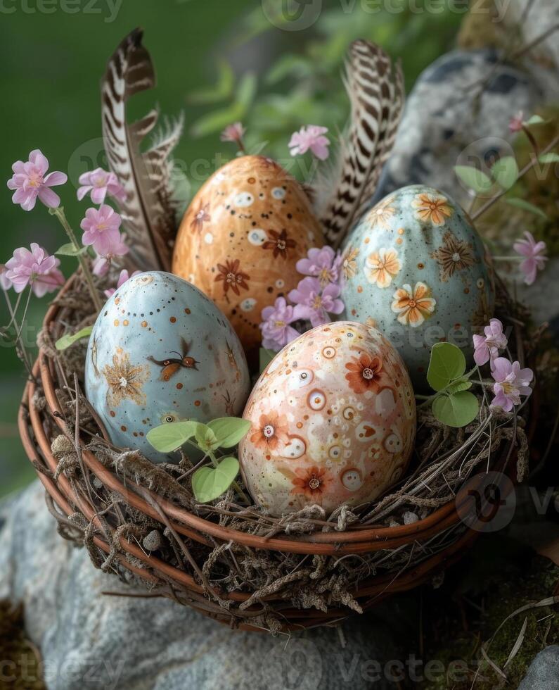 AI generated Easter eggs in nest with flowers and feathers photo