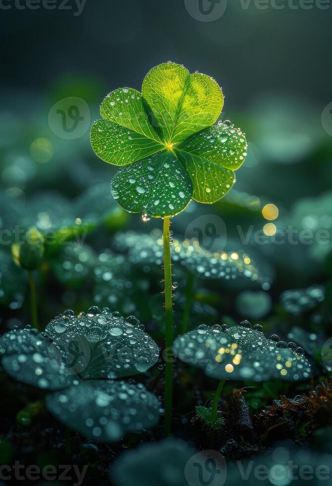 AI generated Green four leaf clover and small plant with dew on it photo