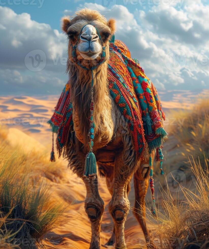 AI generated Camel standing on sand dunes in the desert. An image of a camel standing in the desert photo