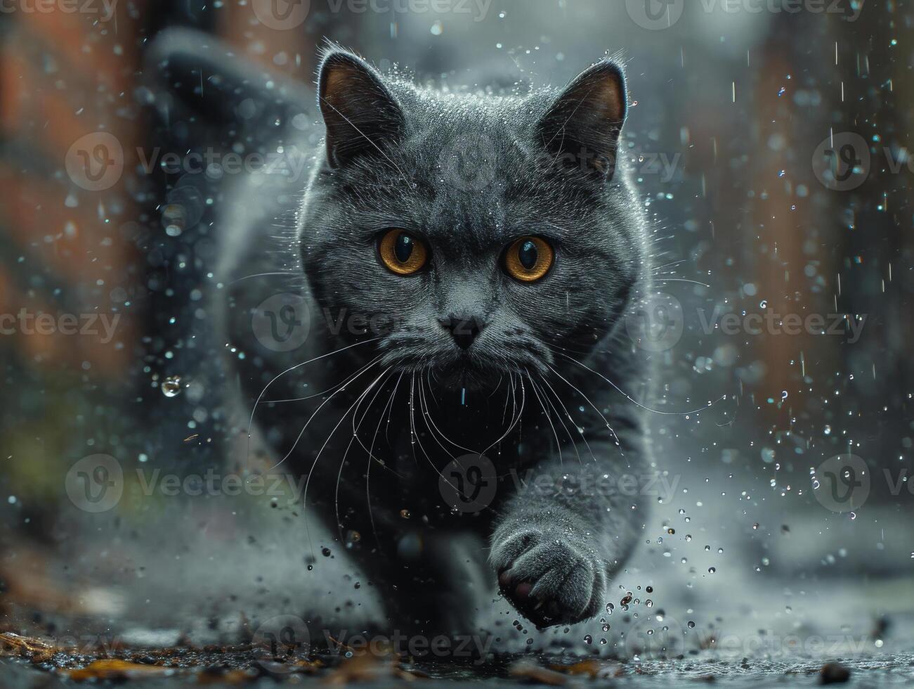 AI generated British shorthair cat running in the rain with paw and orange eyes photo