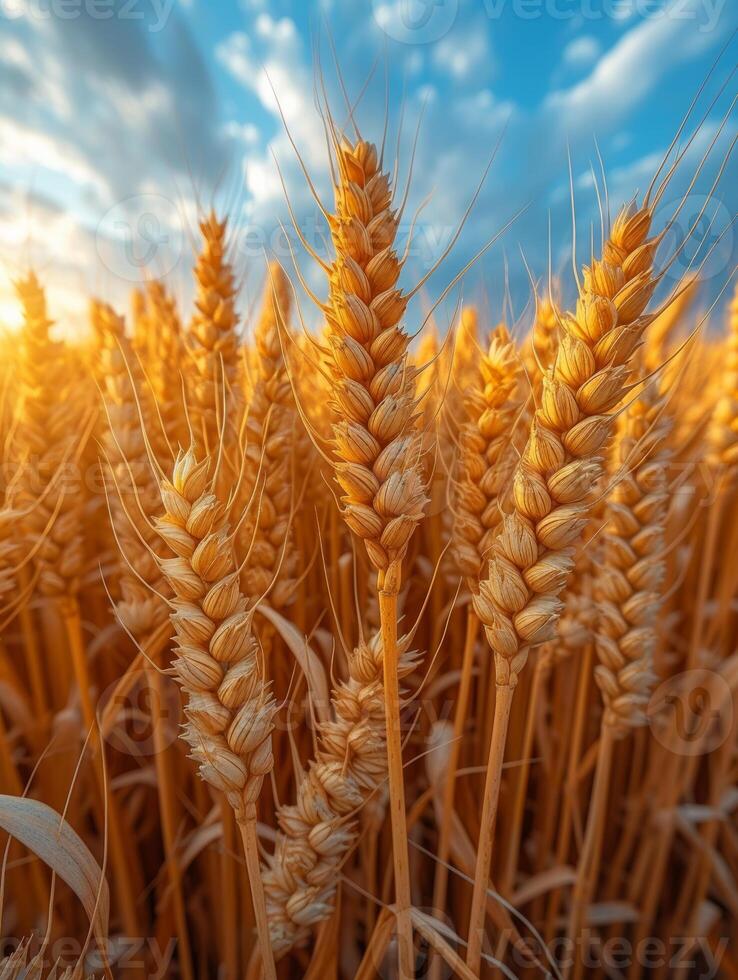 AI generated Wheat field on the background of the setting sun photo