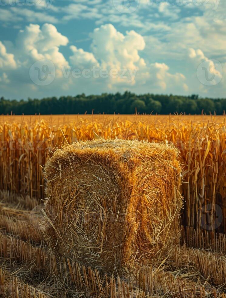 AI generated Hay bale on the field after harvest photo