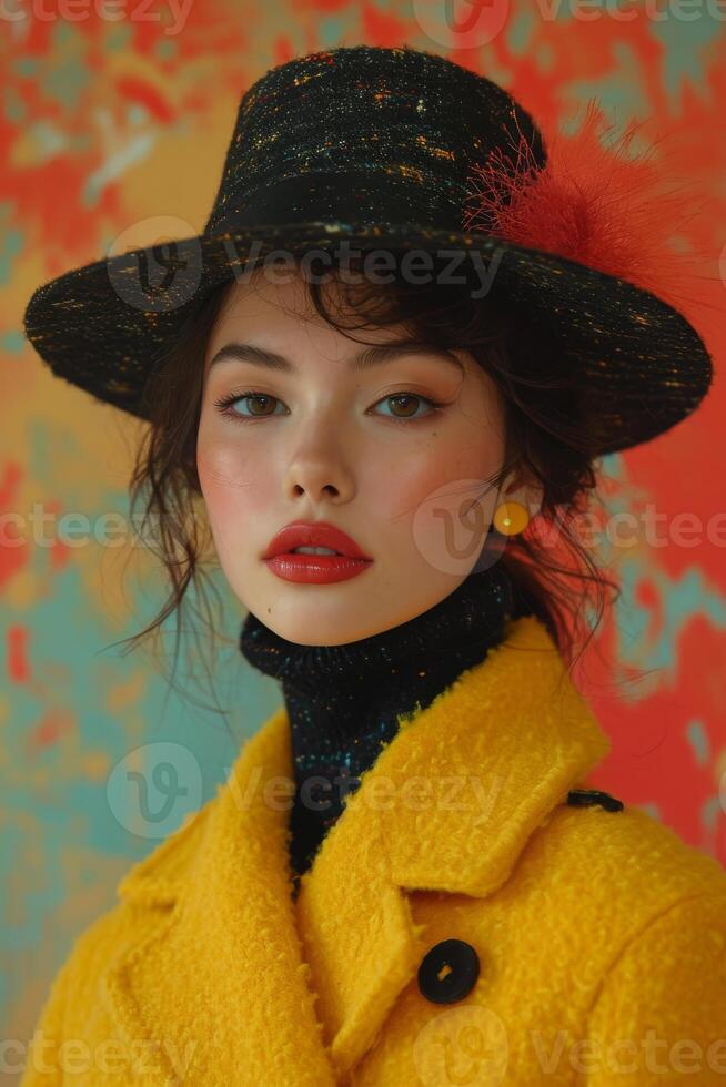 AI generated Beautiful young woman in yellow coat and hat photo