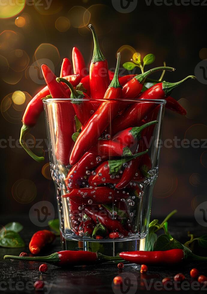 AI generated Red hot chili peppers in glass photo