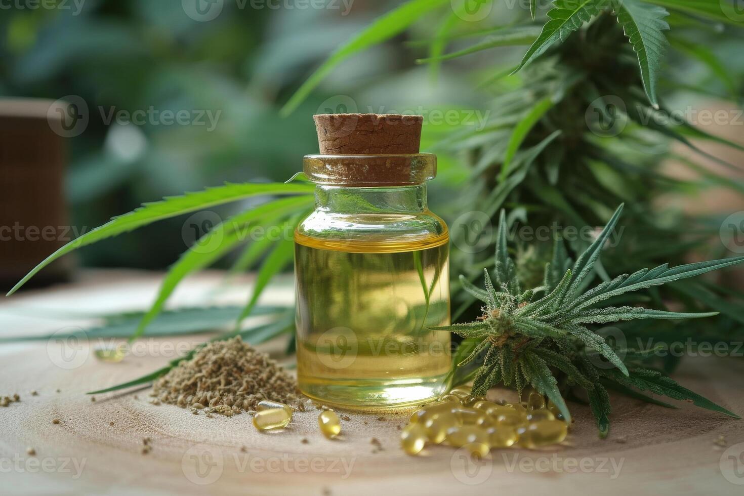 AI generated Bottle of hemp oil with cannabis leaf and seeds photo