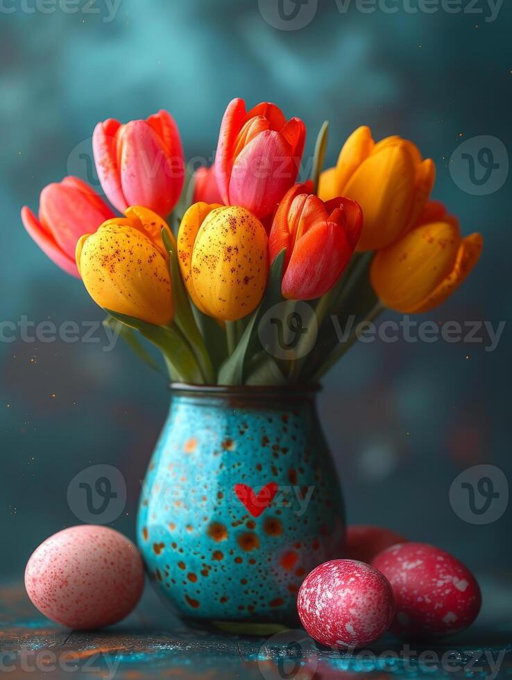 AI generated Easter eggs and tulips in vase photo