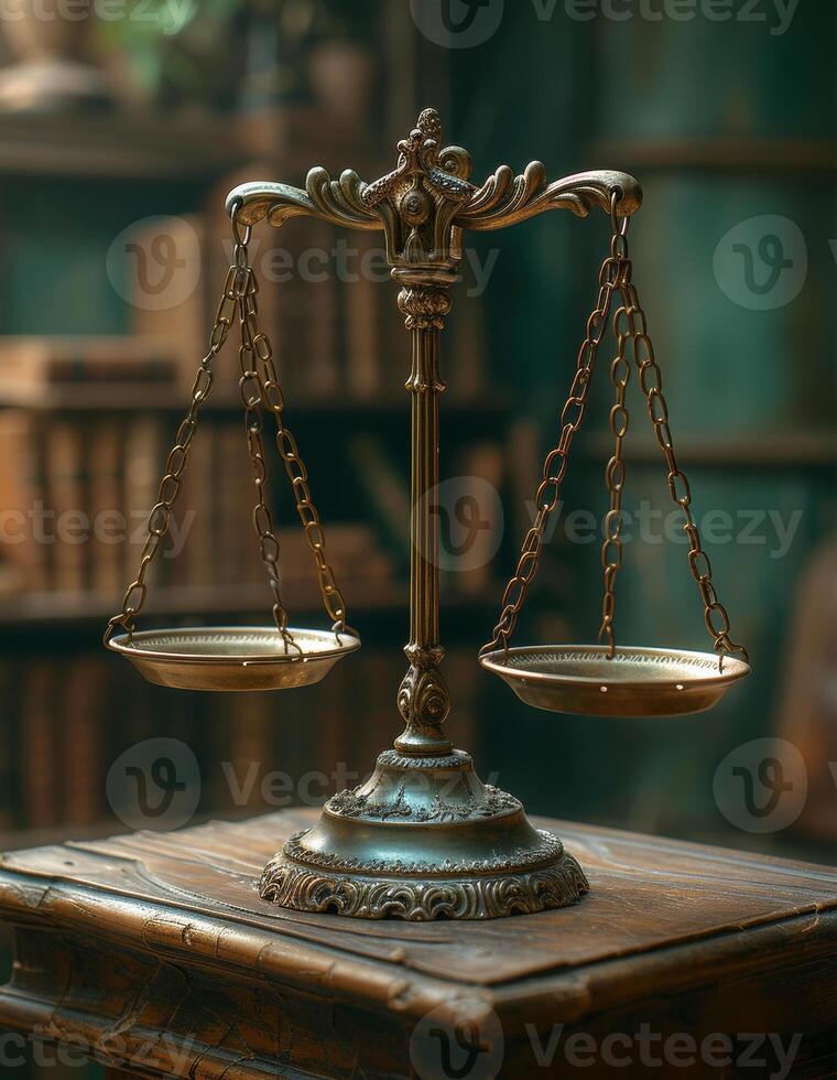 AI generated Scales of justice on wooden desk law library background photo