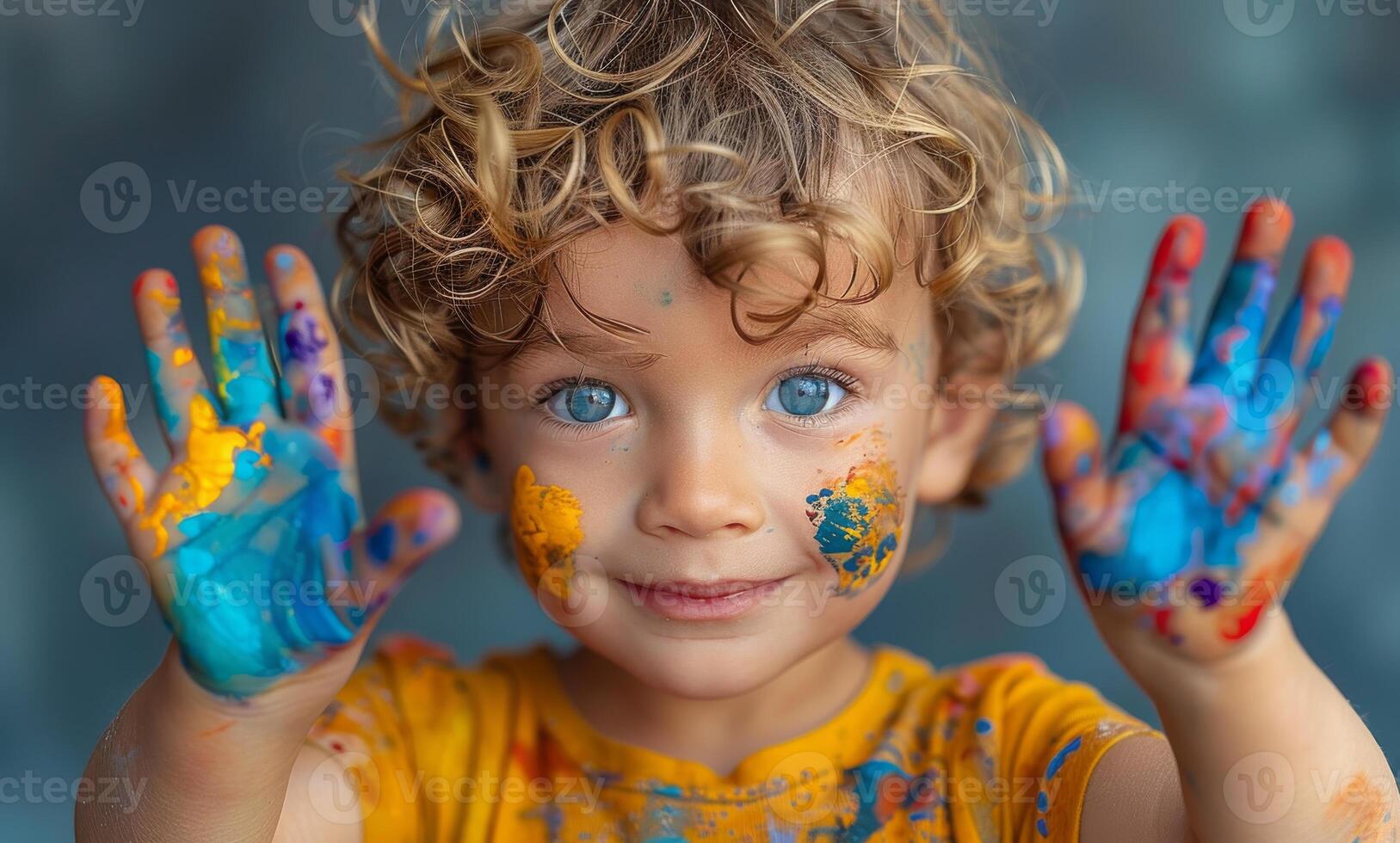 AI generated Little boy shows his hands with paint on them. photo