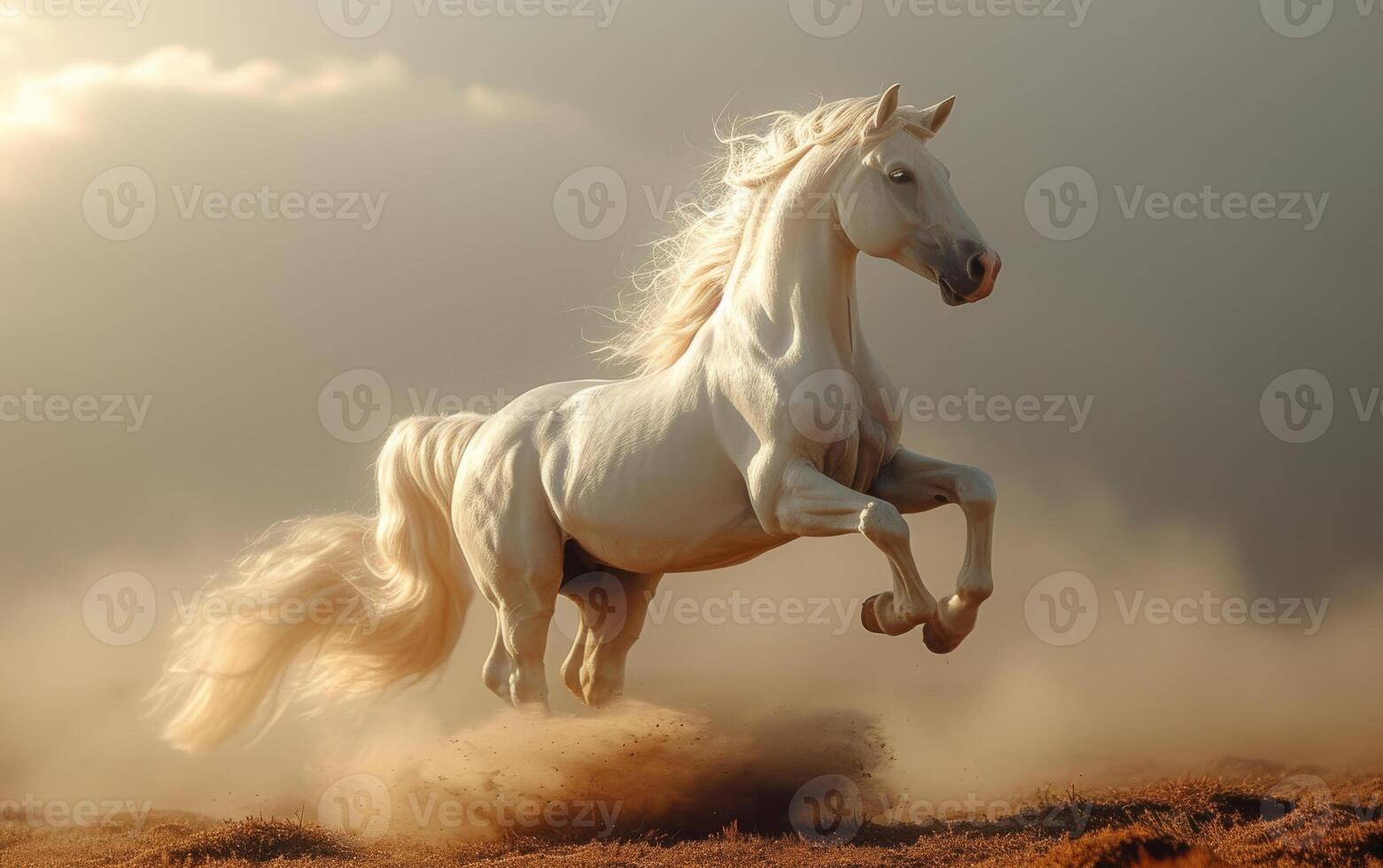 AI generated White horse runs gallop in the dust over the hill photo